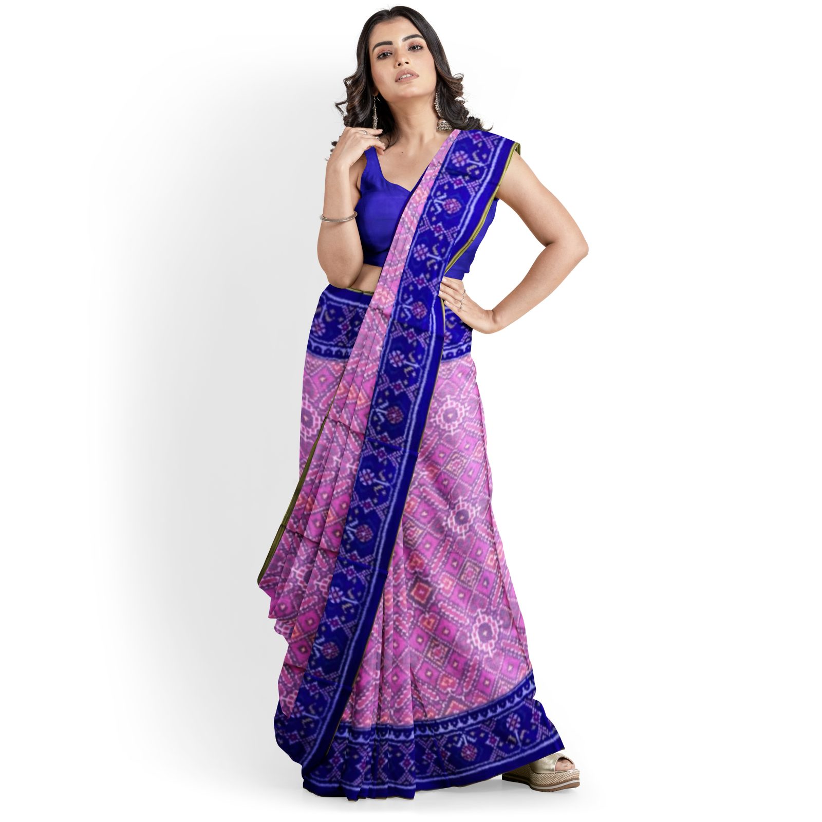 rajkotipatola Traditional Single ikkat Blue BabyPink Manekchok Patola Saree