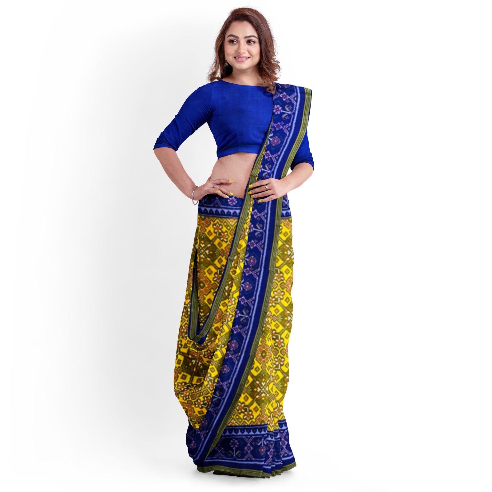 rajkotipatola Traditional Single ikkat Blue Yellow Navaratan Patola Saree