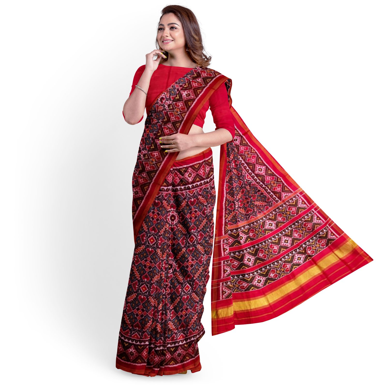 rajkotipatola Traditional Single ikkat Red PeacockGreen Manekchok Patola Saree