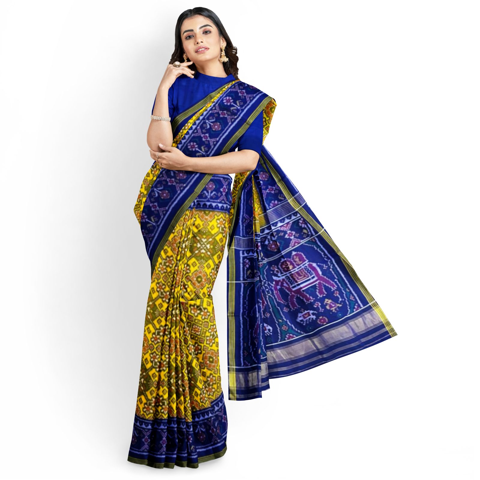 rajkotipatola Traditional Single ikkat Blue Yellow Navaratan Patola Saree