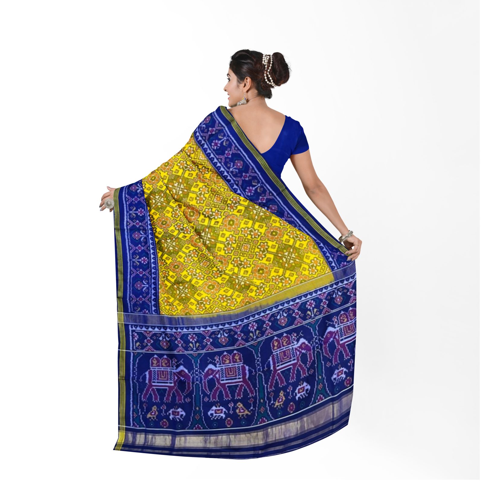 rajkotipatola Traditional Single ikkat Blue Yellow Navaratan Patola Saree