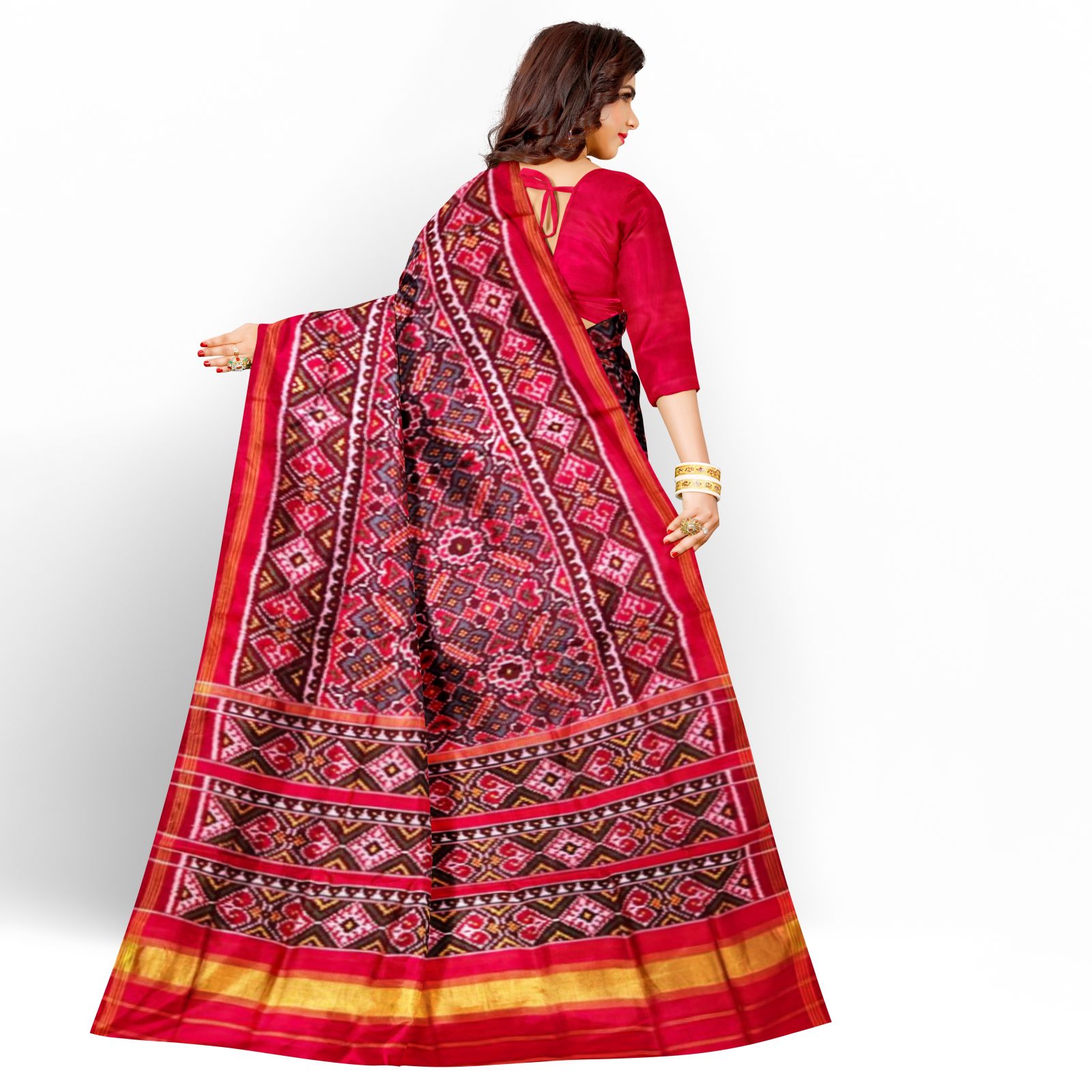 rajkotipatola Traditional Single ikkat Red PeacockGreen Manekchok Patola Saree