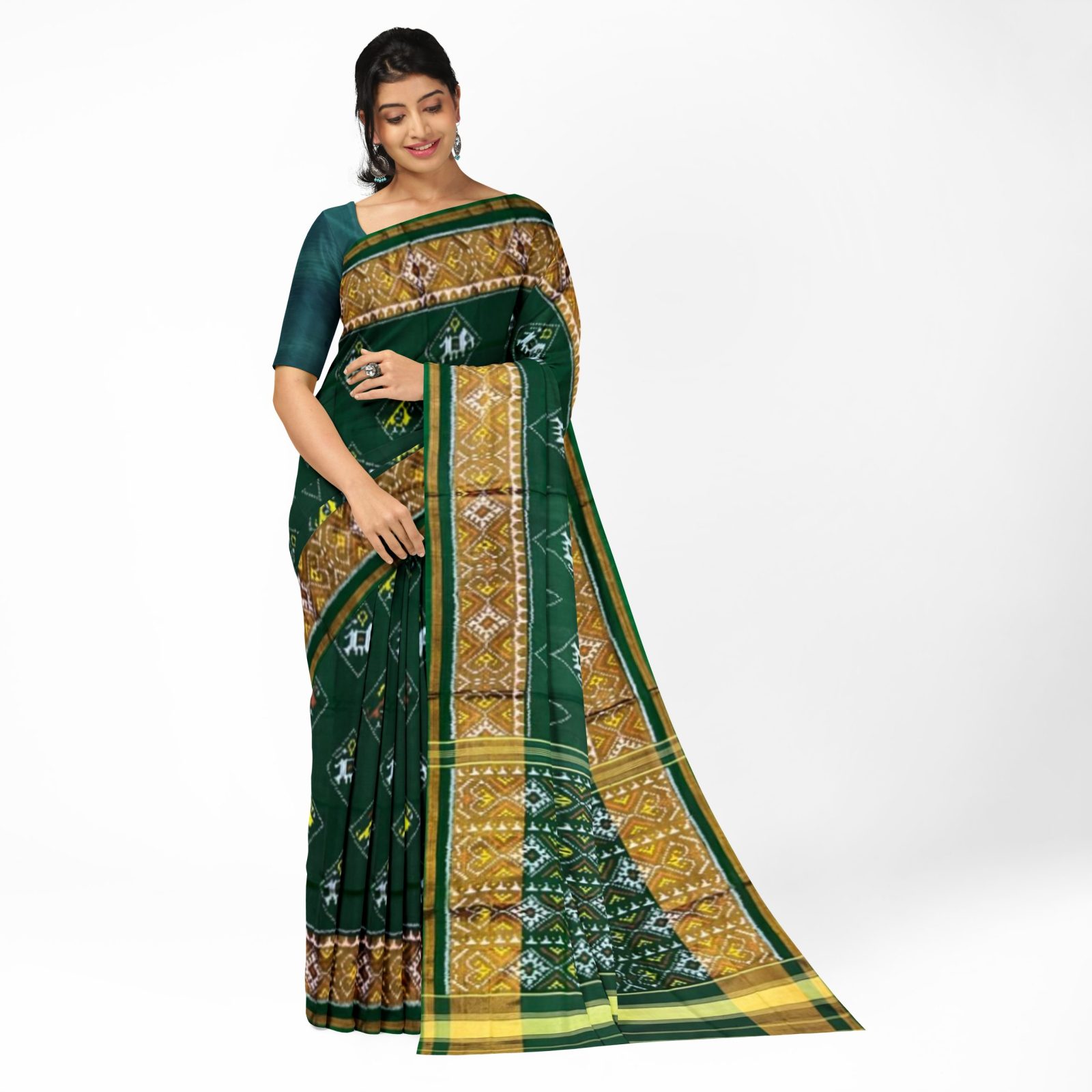 rajkotipatola Traditional Rajkot Tissue Border Green Elephant parrot patola saree