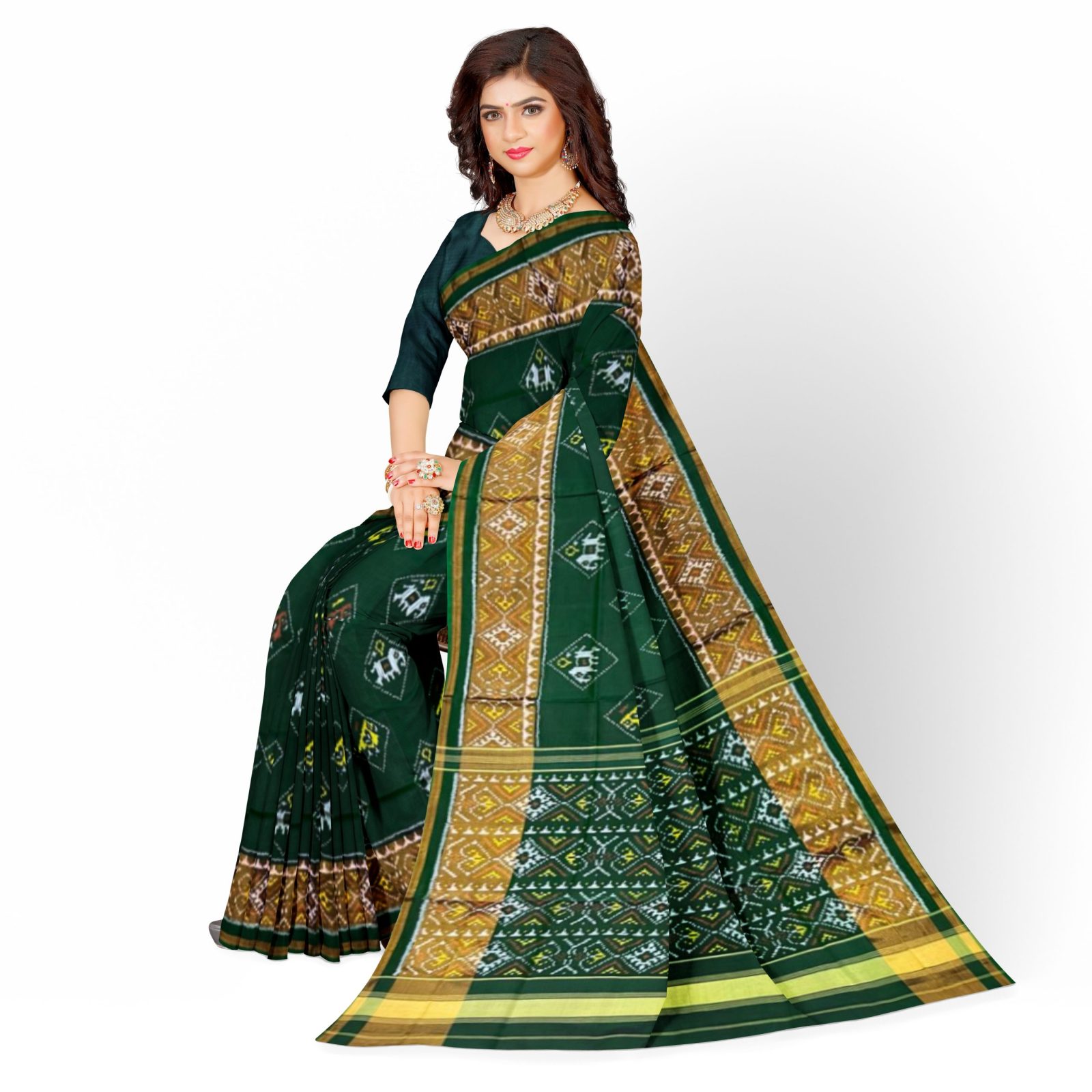 rajkotipatola Traditional Rajkot Tissue Border Green Elephant parrot patola saree