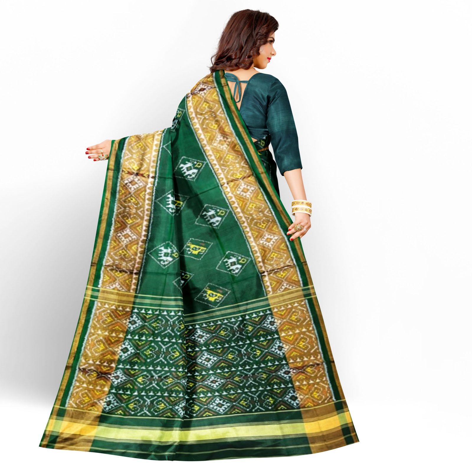 rajkotipatola Traditional Rajkot Tissue Border Green Elephant parrot patola saree