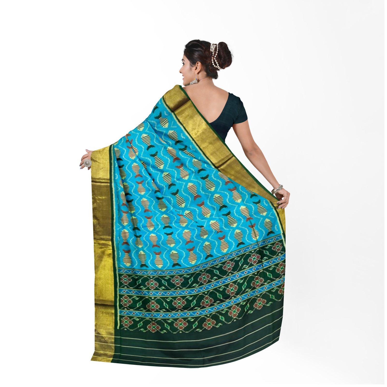 rajkotipatola Traditional Tissue Border Green Skyblue Fancy Patola Saree