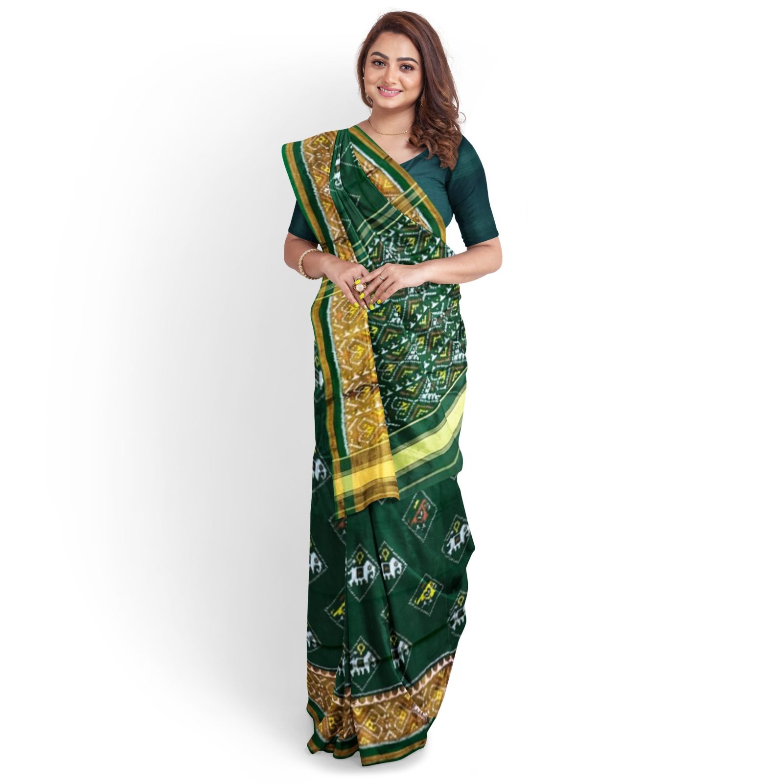 rajkotipatola Traditional Rajkot Tissue Border Green Elephant parrot patola saree