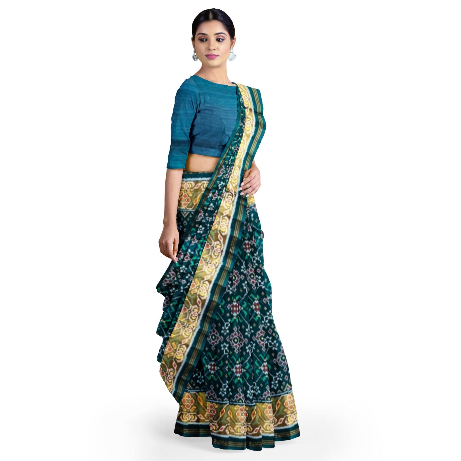 rajkotipatola Traditional Rajkot Tissue Border PeacockGreen Navaratan Patola saree