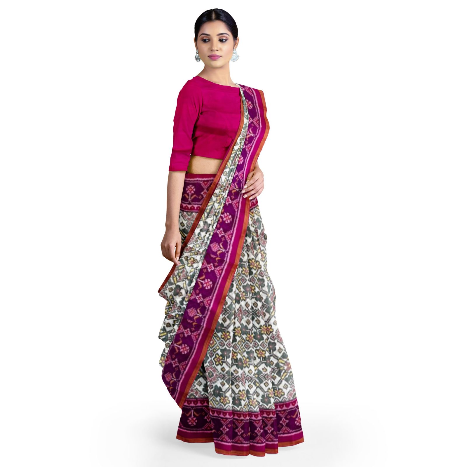 rajkotipatola Traditional Rajkot Single Ikkat Pink White Navaratan Patola saree