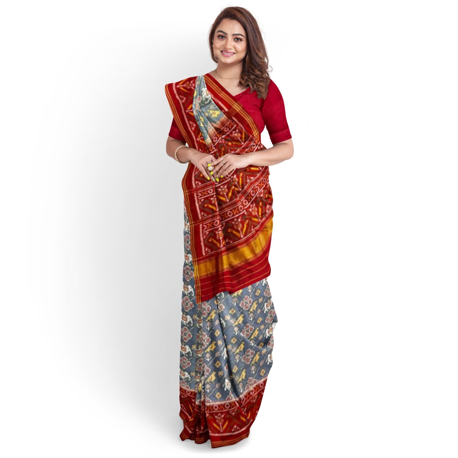 rajkotipatola Traditional Rajkot Single Ikkat Red Grey Elephant Parrot Lehariya Patola saree