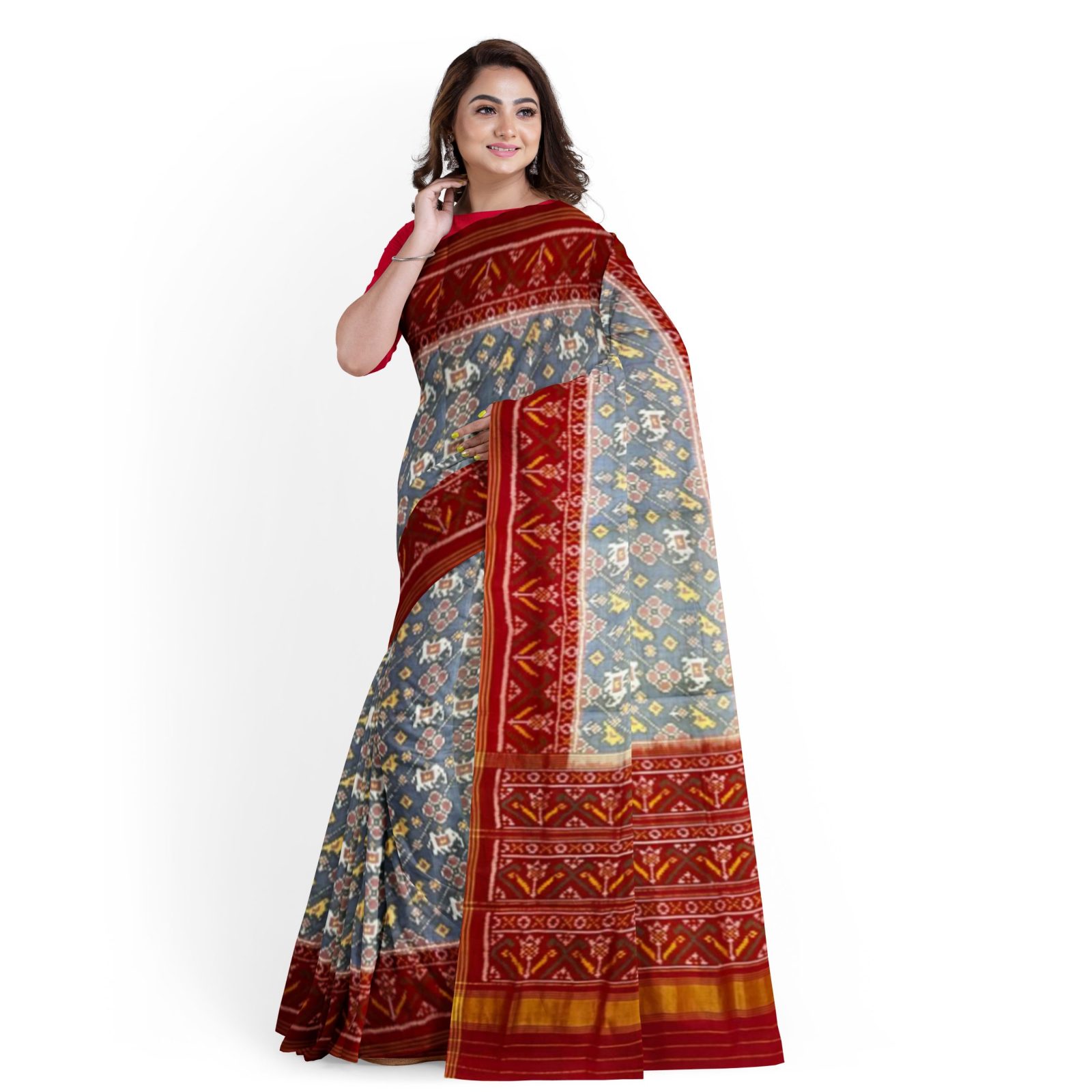 rajkotipatola Traditional Rajkot Single Ikkat Red Grey Elephant Parrot Lehariya Patola saree