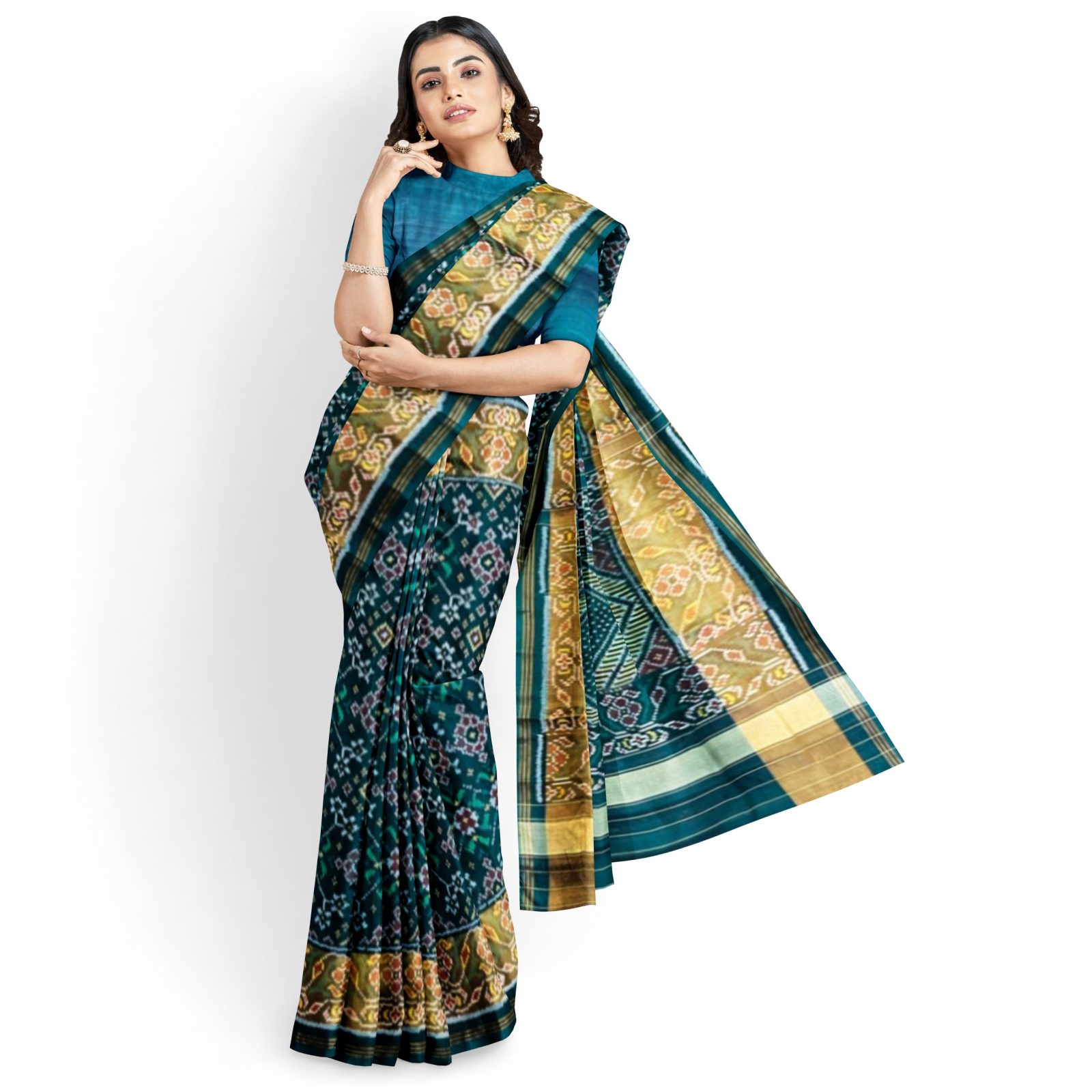 rajkotipatola Traditional Rajkot Tissue Border PeacockGreen Navaratan Patola saree