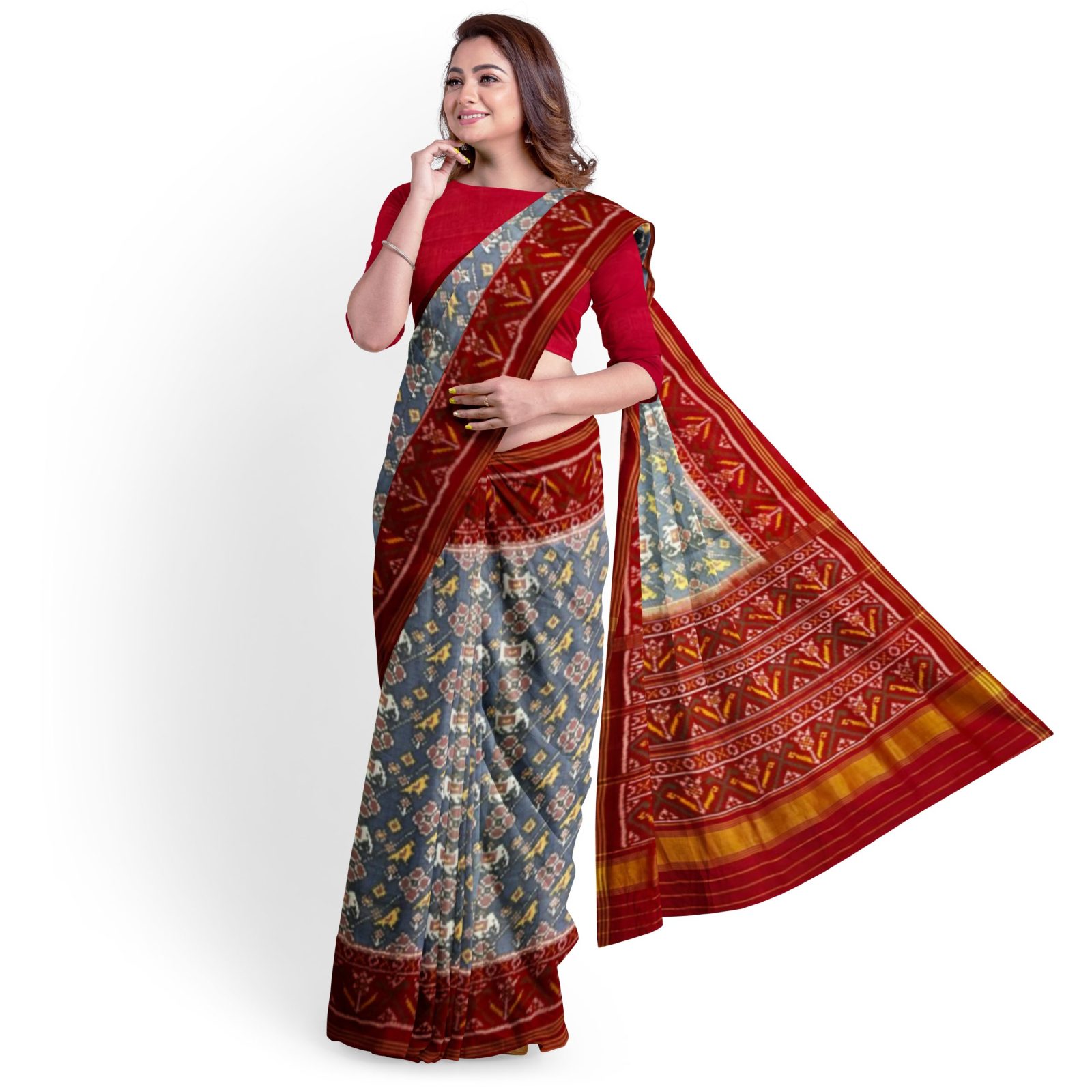 rajkotipatola Traditional Rajkot Single Ikkat Red Grey Elephant Parrot Lehariya Patola saree