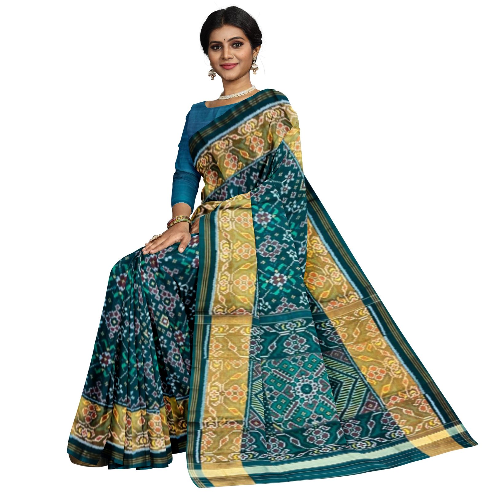 rajkotipatola Traditional Rajkot Tissue Border PeacockGreen Navaratan Patola saree