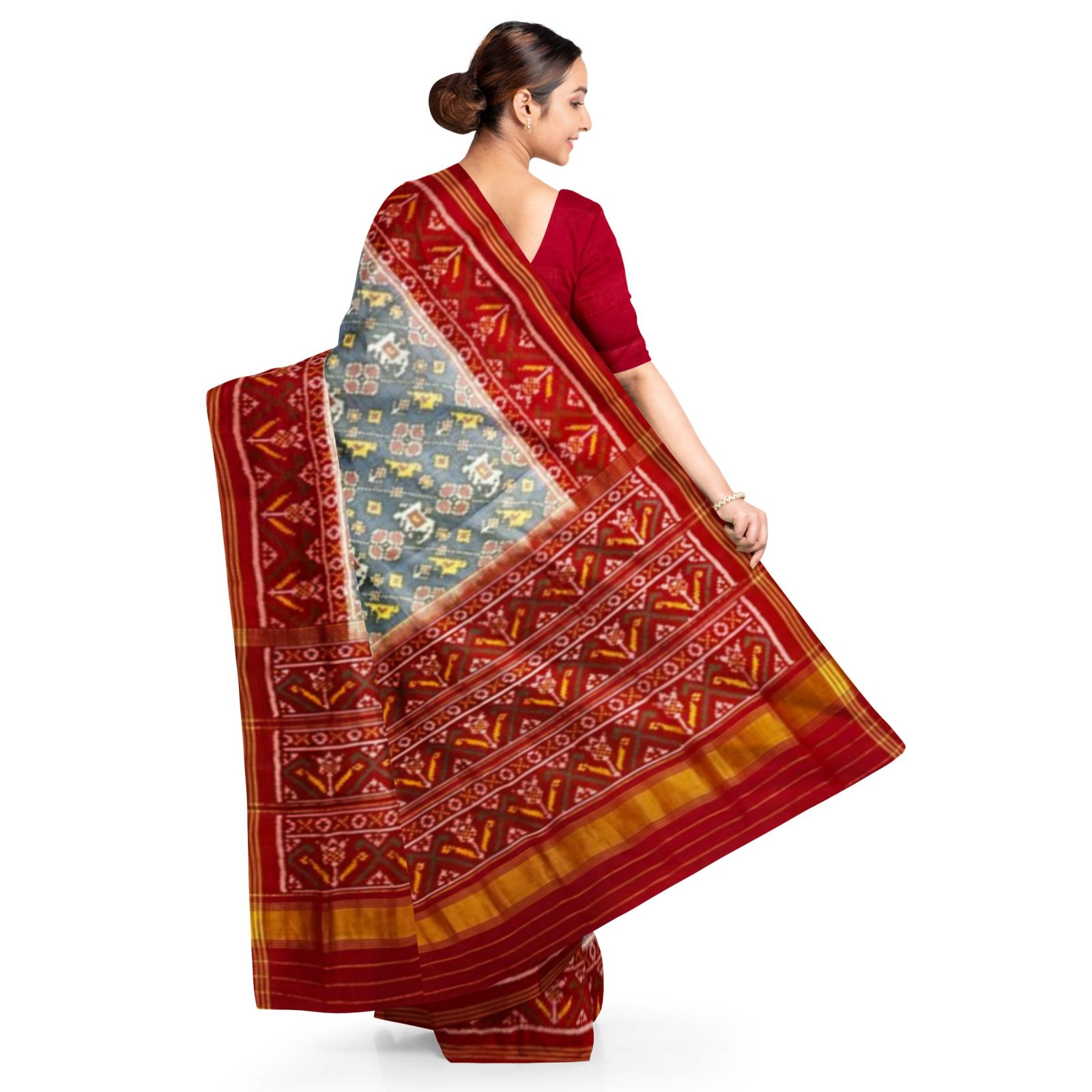 rajkotipatola Traditional Rajkot Single Ikkat Red Grey Elephant Parrot Lehariya Patola saree