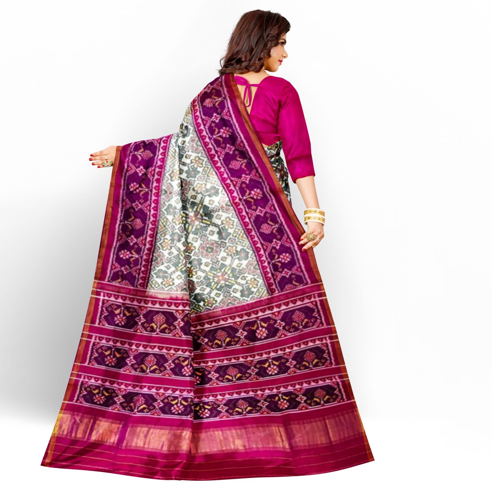 rajkotipatola Traditional Rajkot Single Ikkat Pink White Navaratan Patola saree