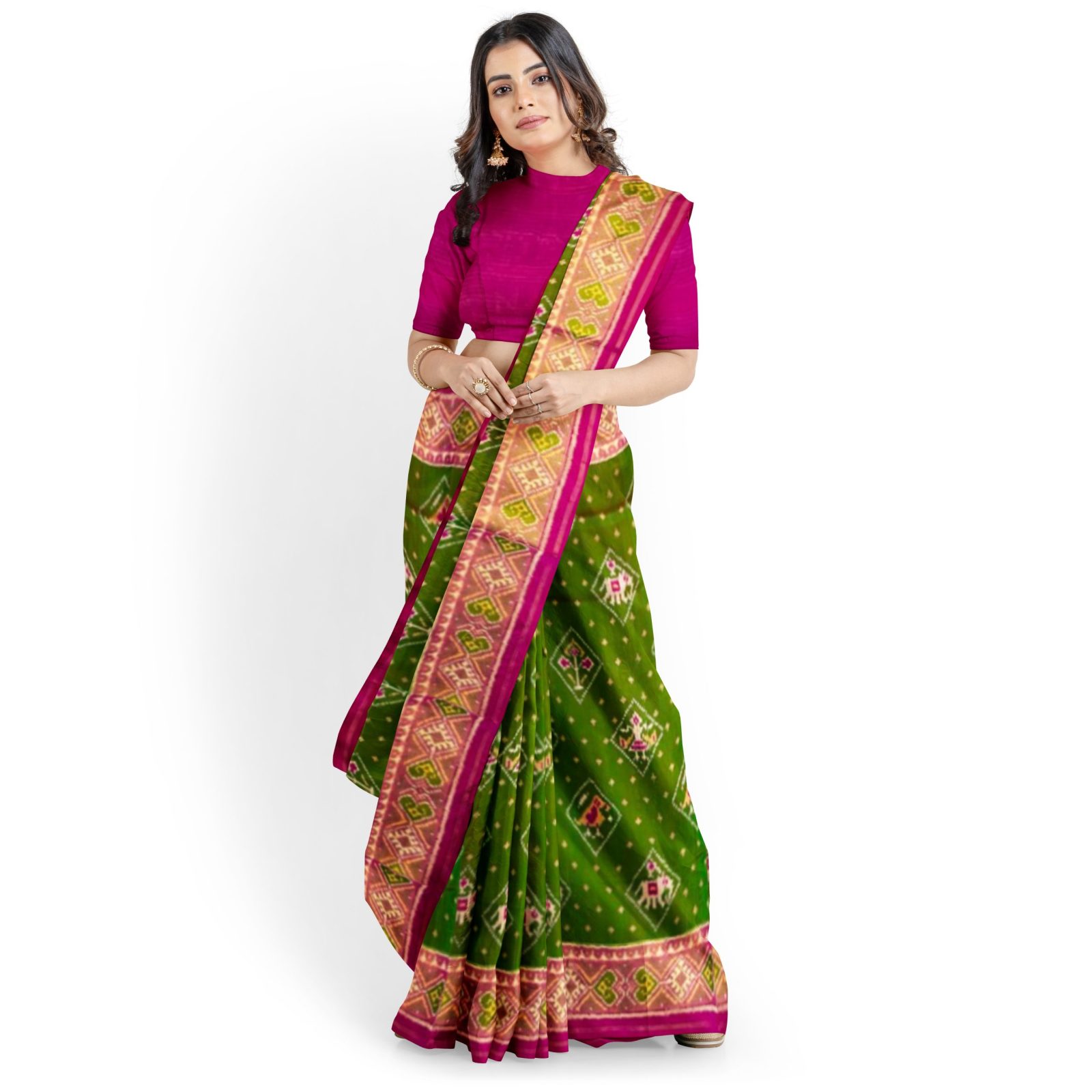 Traditional Rajkot Tissue Border Pink MehndiGreen Narikunj Patola Saree