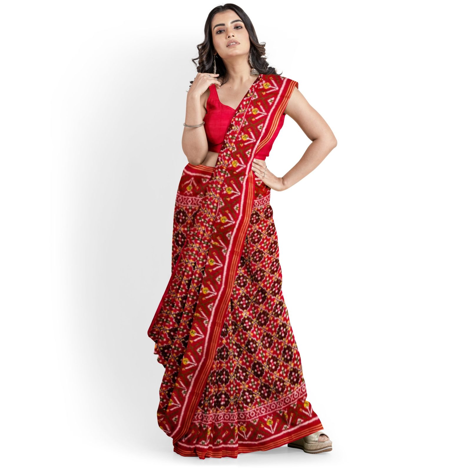 Traditional Rajkot Single Ikkat Red Buttonfull Patola Saree Moreinfo : 09824843007 Code : RPADHAN 461