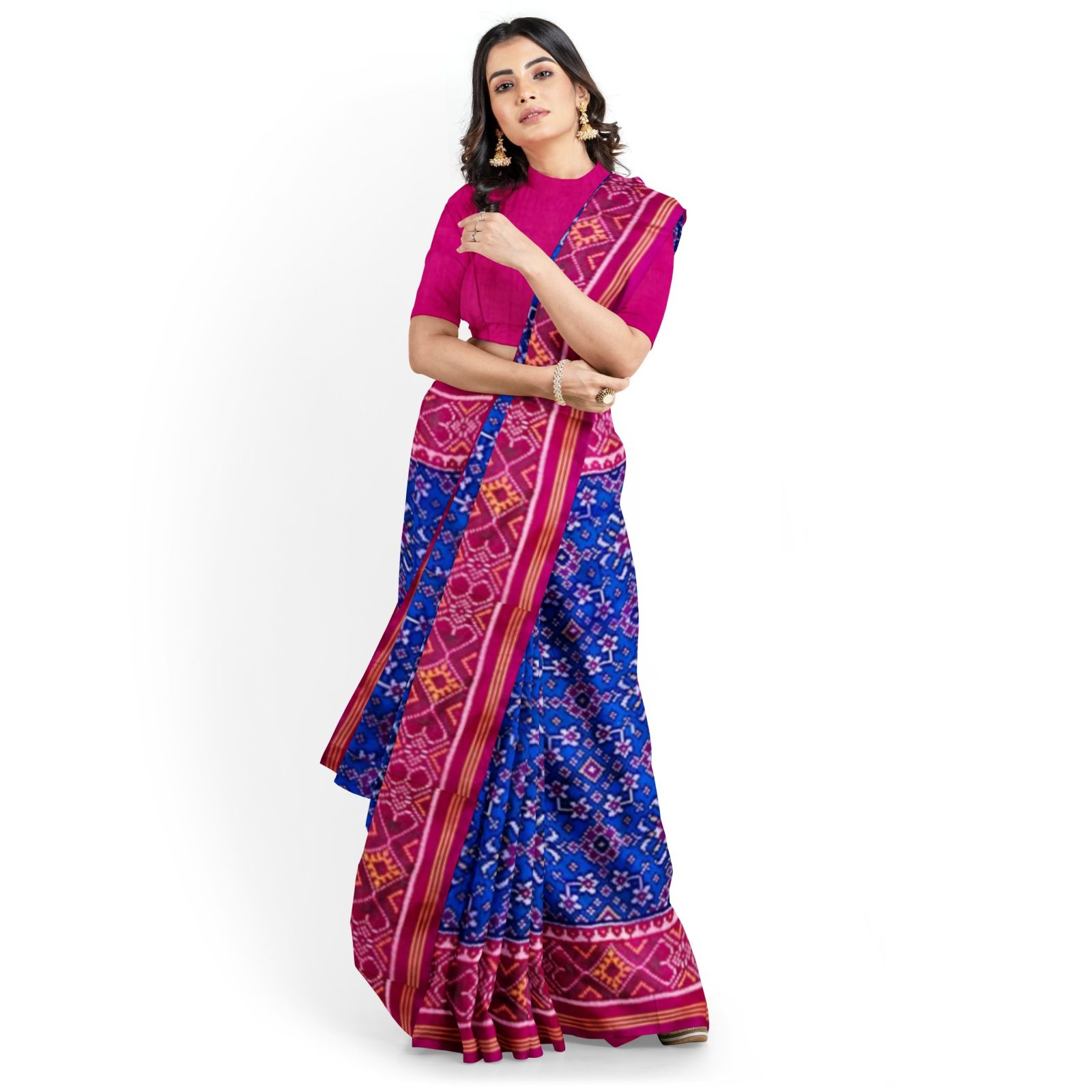 Traditional Rajkot Single Ikkat Pink Blue Navaratan Patola Saree