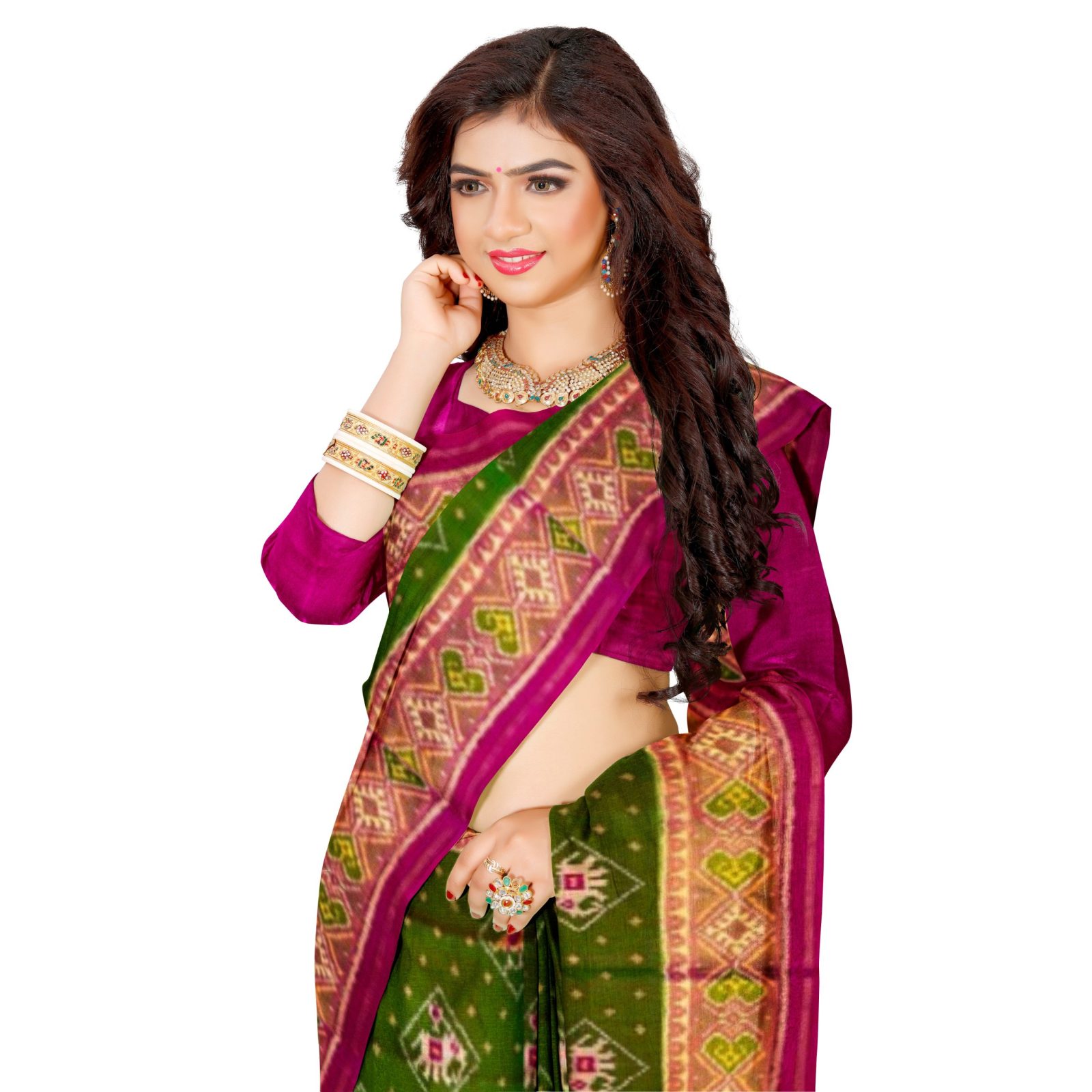 Traditional Rajkot Tissue Border Pink MehndiGreen Narikunj Patola Saree