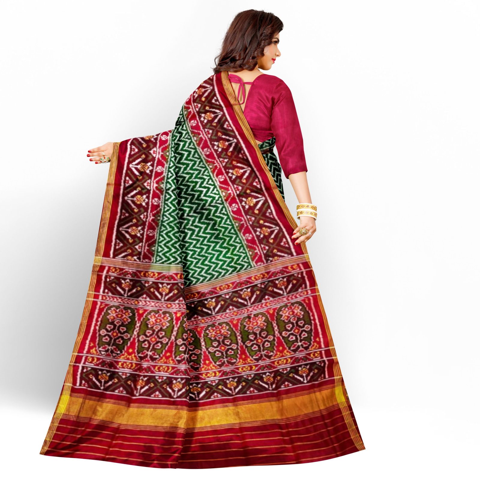 Traditional Rajkot Red Green Lehariya Single Ikkat Patola Saree