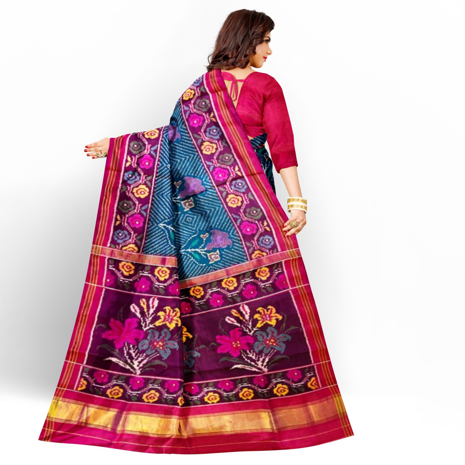 Traditional Rajkot Pink Peacockblue Fancy Flower Single Ikkat Patola Saree