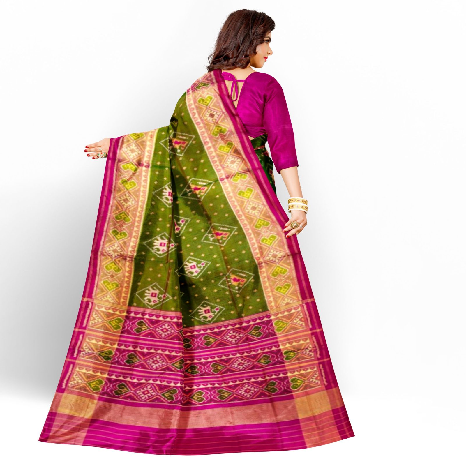 Traditional Rajkot Tissue Border Pink MehndiGreen Narikunj Patola Saree