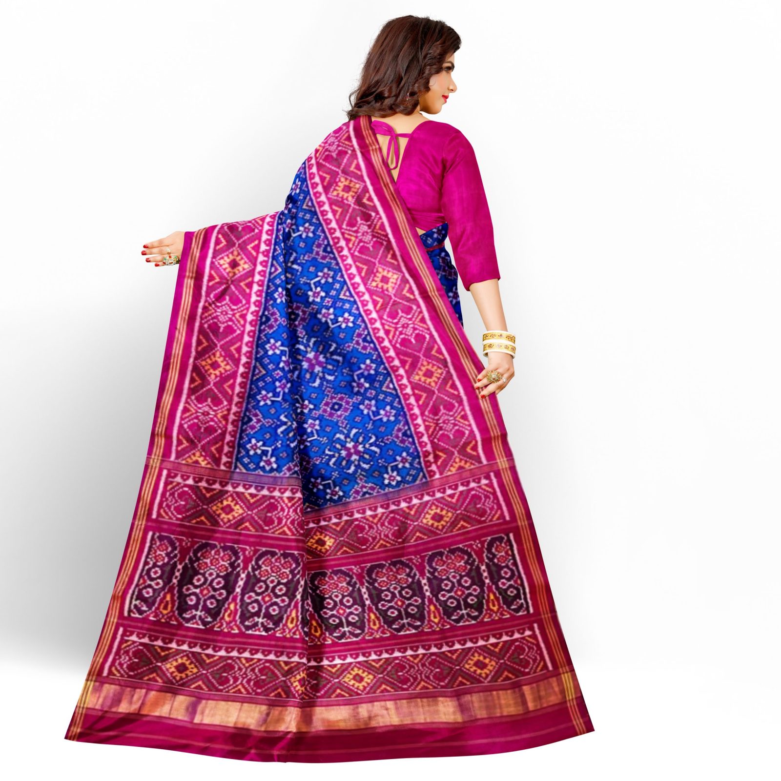 Traditional Rajkot Single Ikkat Pink Blue Navaratan Patola Saree