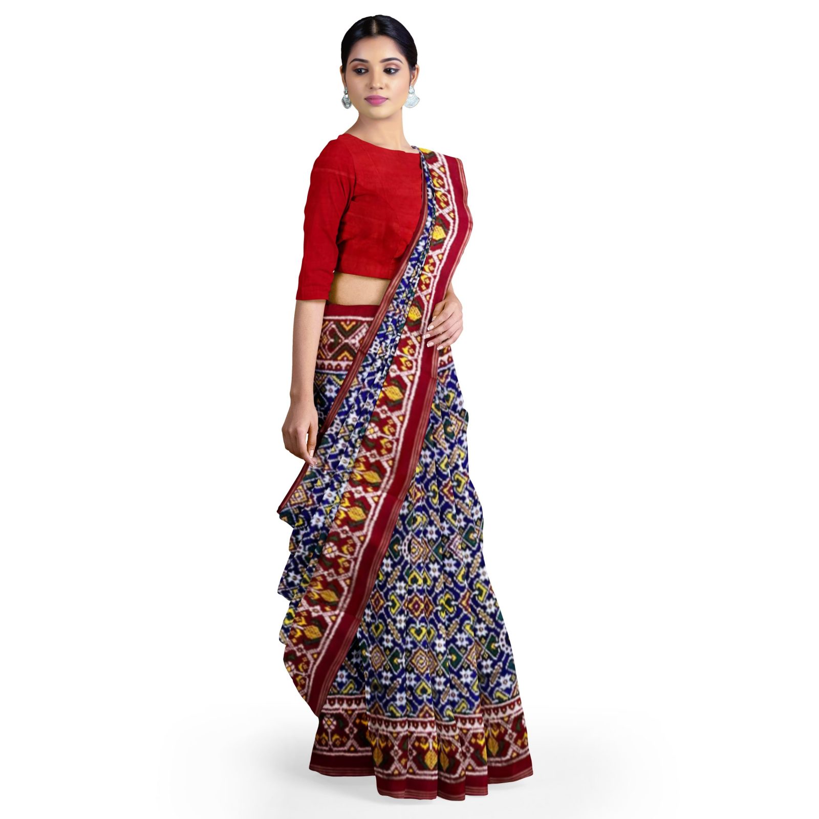 Traditional Rajkot MaroonRed Blue Manekchok Twill Patola Saree