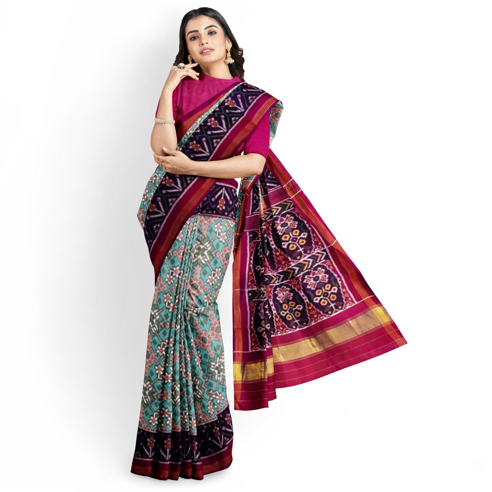 Traditional Rajkot MagentaPink MintGreen Navaratan Single Ikkat Patola Saree