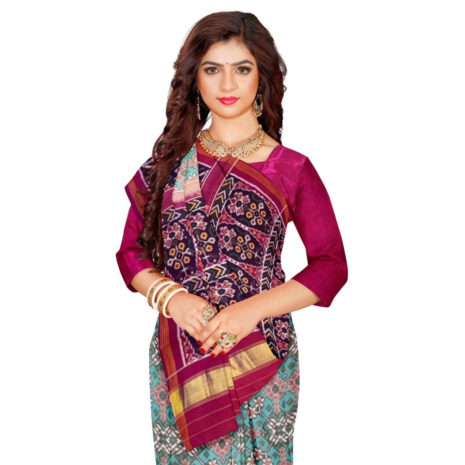 Traditional Rajkot MagentaPink MintGreen Navaratan Single Ikkat Patola Saree