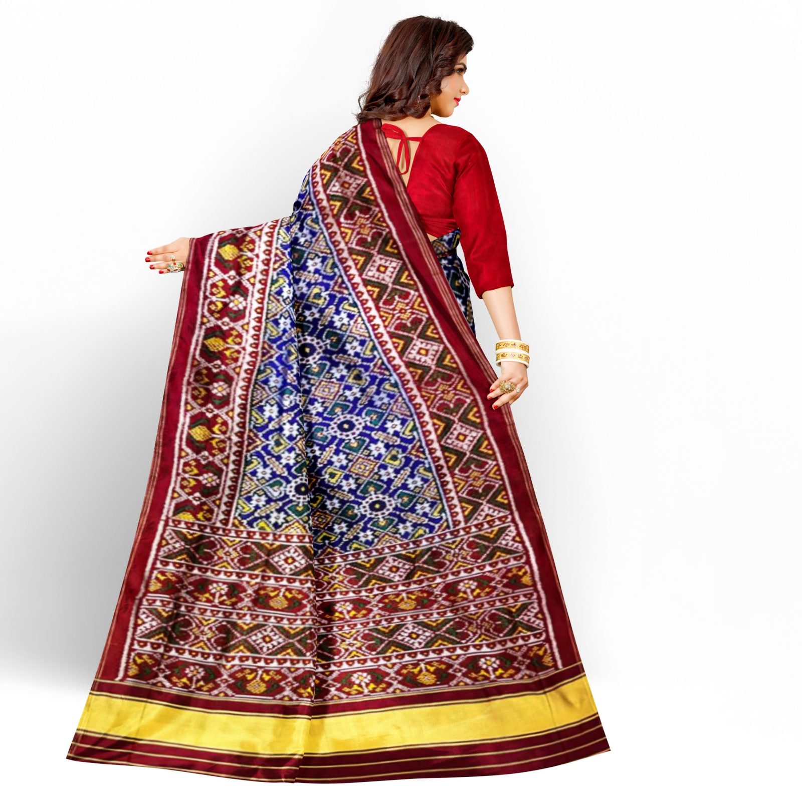 Traditional Rajkot MaroonRed Blue Manekchok Twill Patola Saree